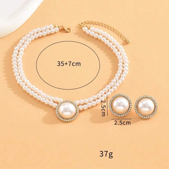 1pc Round Pearl Necklace And 1pair Geometric Round Pearl Earrings 2pcs Jewelry - Picture 3 of 3